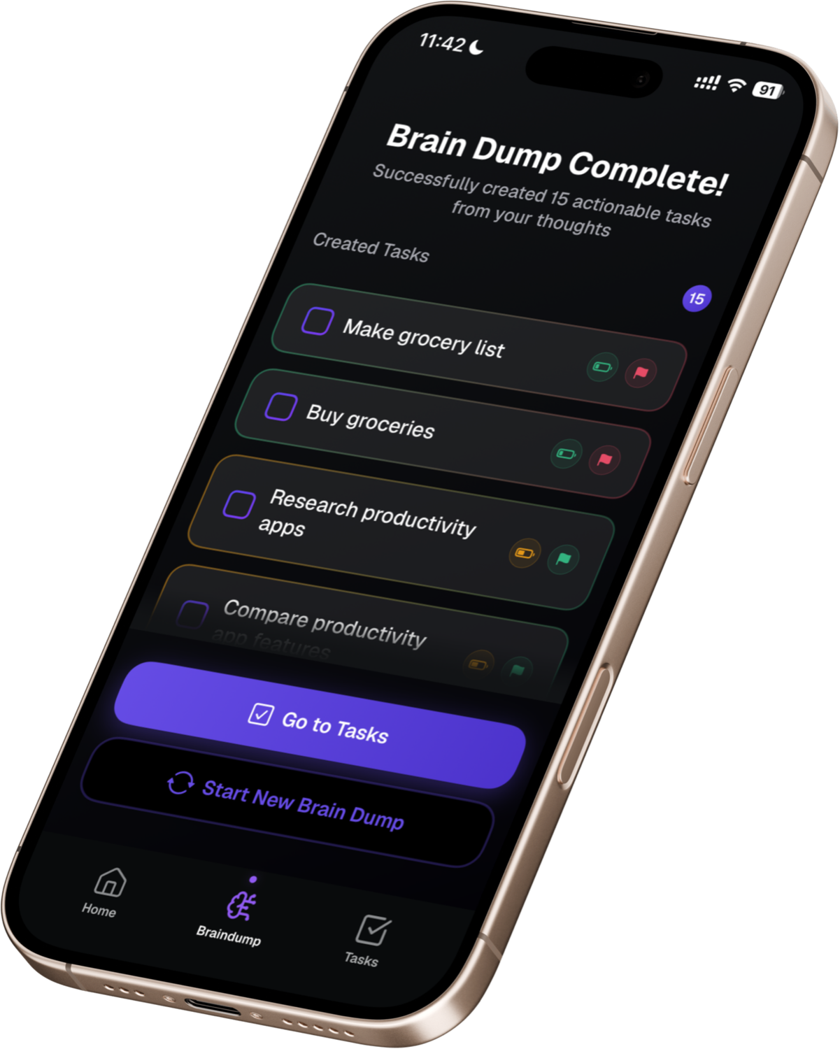 Brain Dump feature showing task creation from thoughts